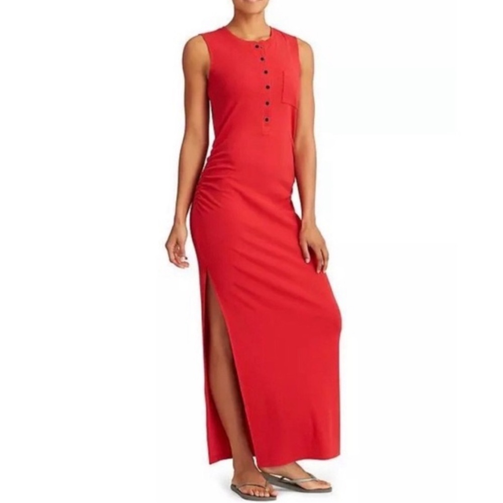 Athleta Ribbed Henley Maxi Dress Ruched Sleeveless Slit Scarlet Red Sz XL